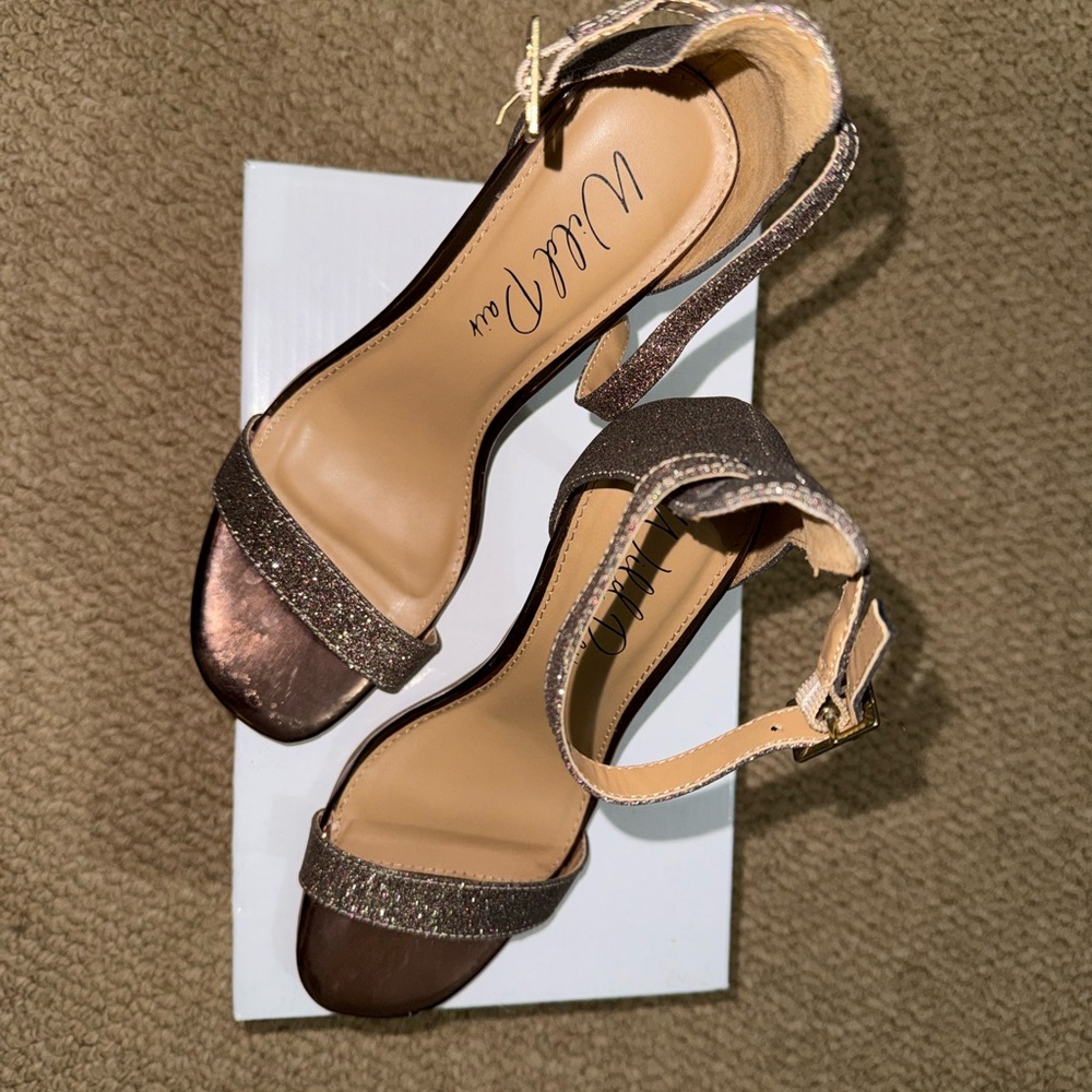 Wild Pair Women's Bronze Sparkle Ankle Strap Heels